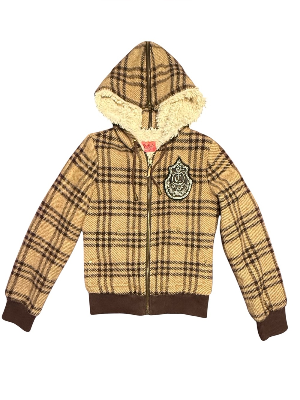 Vintage Y2K Juicy Couture Tan & Brown Plaid Sherpa-Lined Hooded Zip Bomber XS/P